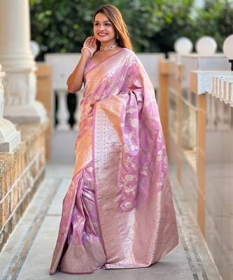Lavender Soft Silk Blend Saree With Zari Weaving Meenakari Design 2