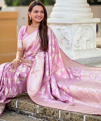 Lavender Soft Silk Blend Saree With Zari Weaving Meenakari Design 3