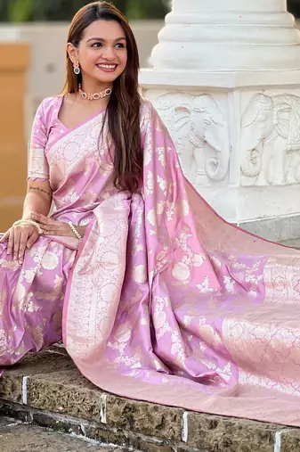 Lavender Soft Silk Blend Saree With Zari Weaving Meenakari Design