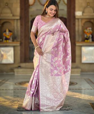 Lavender Soft Silk Blend Saree With Zari Weaving Meenakari Design 4