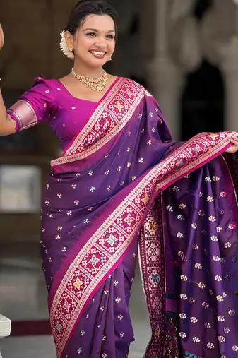 Magenta Soft Silk Blend Saree With Zari Weaving Meenakari Design