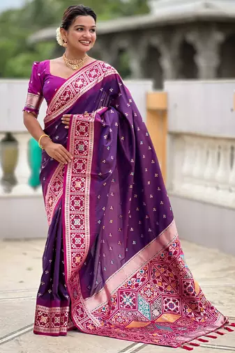 Magenta Soft Silk Blend Saree With Zari Weaving Meenakari Design