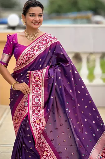Magenta Soft Silk Blend Saree With Zari Weaving Meenakari Design