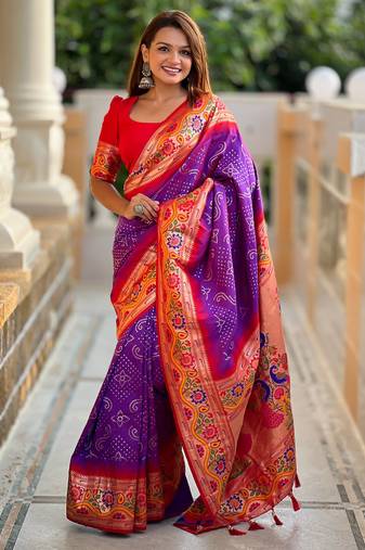 Purple silk blend saree with paithani & bandhani weaved pallu and blouse