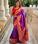 Purple silk blend saree with paithani & bandhani weaved pallu and blouse