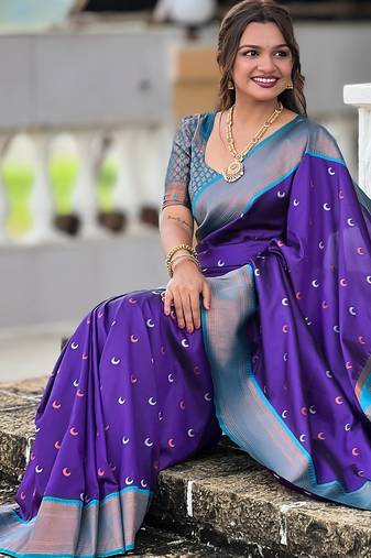 violet paithani saree with zari weawing Meenakari moon design with contrast blouse
