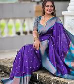 violet paithani saree with zari weawing Meenakari moon design with contrast blouse