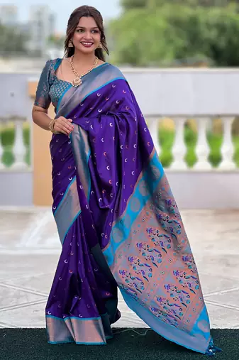 violet paithani saree with zari weawing Meenakari moon design with contrast blouse