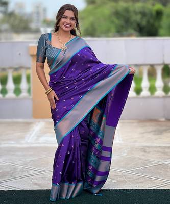 violet paithani saree with zari weawing Meenakari moon design with contrast blouse 3