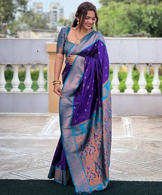 violet paithani saree with zari weawing Meenakari moon design with contrast blouse 4