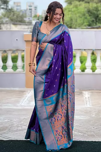 violet paithani saree with zari weawing Meenakari moon design with contrast blouse