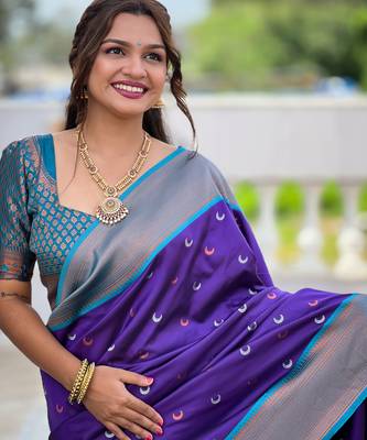 violet paithani saree with zari weawing Meenakari moon design with contrast blouse 5