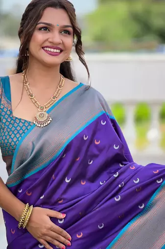 violet paithani saree with zari weawing Meenakari moon design with contrast blouse