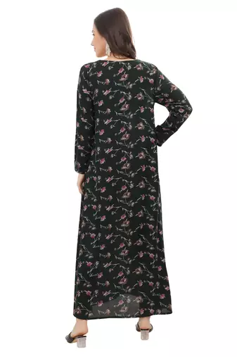 Floral printed A-line Jalabiya with Golden and multicolor threadwork 