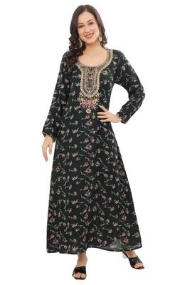Floral printed A-line Jalabiya with Golden and multicolor threadwork  3