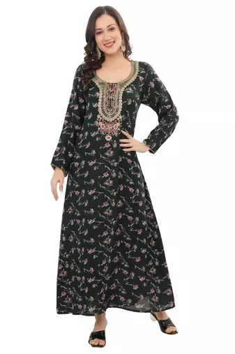 Floral printed A-line Jalabiya with Golden and multicolor threadwork 
