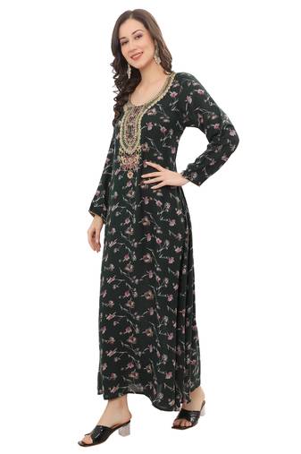 Floral printed A-line Jalabiya with Golden and multicolor threadwork 