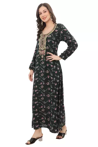 Floral printed A-line Jalabiya with Golden and multicolor threadwork 