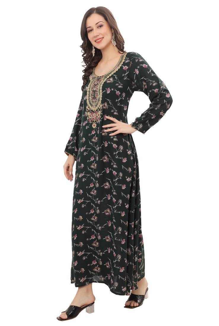 Floral printed A-line Jalabiya with Golden and multicolor threadwork 