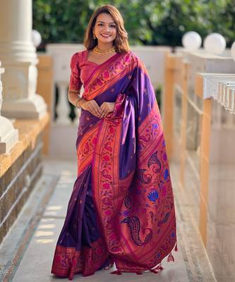 Violet silk blend Saree With Paithani Weaved Pallu And Blouse 1