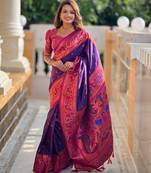 Violet silk blend Saree With Paithani Weaved Pallu And Blouse