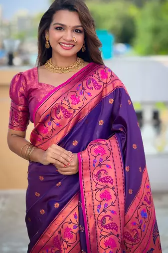 Violet silk blend Saree With Paithani Weaved Pallu And Blouse