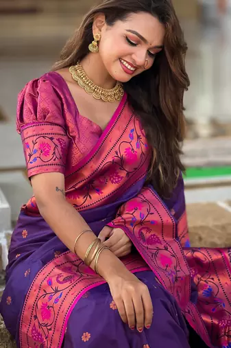 Violet silk blend Saree With Paithani Weaved Pallu And Blouse
