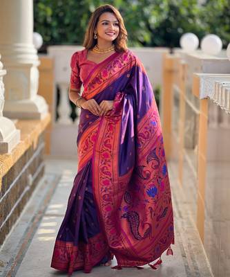 Violet silk blend Saree With Paithani Weaved Pallu And Blouse 4