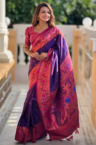 Violet silk blend Saree With Paithani Weaved Pallu And Blouse