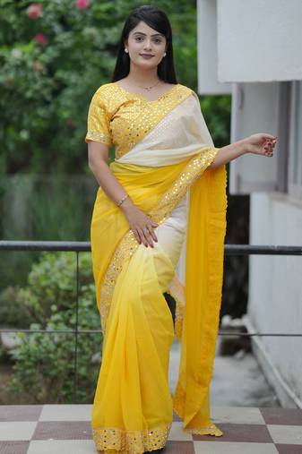 Enchanting dark to light shaded yellow faux georgatte embroidered indian wedding saree