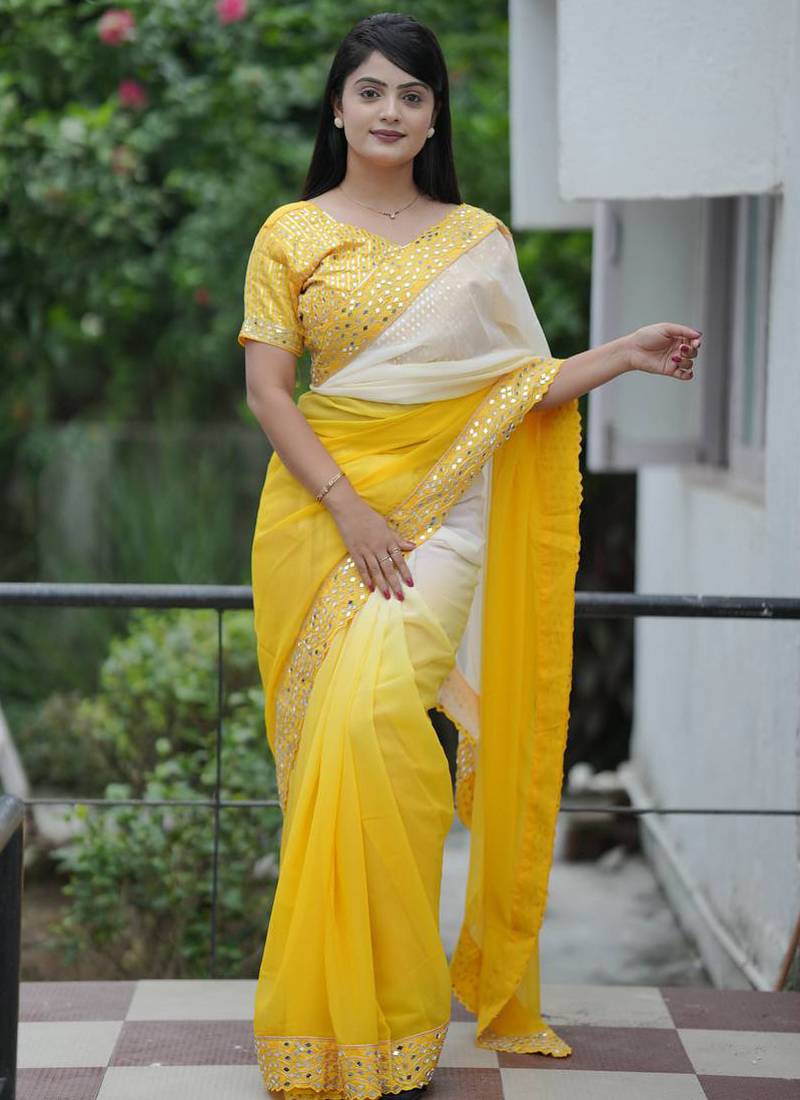 dark to light shaded yellow faux georgette embroidered indian wedding saree