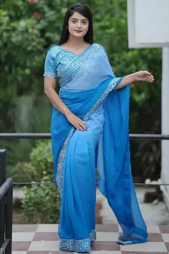 dark to light shaded blue faux georgette embroidered indian party wear saree