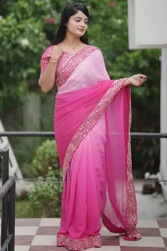 dark to light shaded pink faux georgette embroidered saree