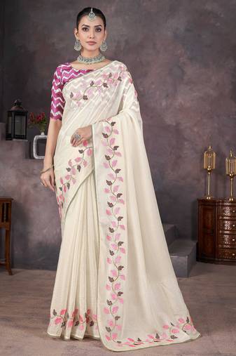 Bewitching off-white crush georgatte embroidered indian wedding saree