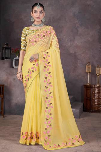 Fetching yellow crush georgatte embroidered indian party wear saree