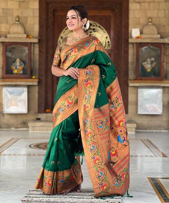 Green silk blend Saree With Paithani Weaved Pallu And Blouse 1