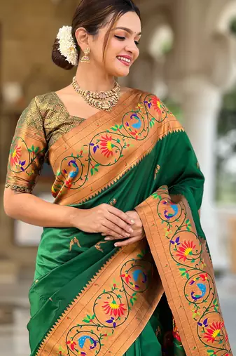 Green silk blend Saree With Paithani Weaved Pallu And Blouse