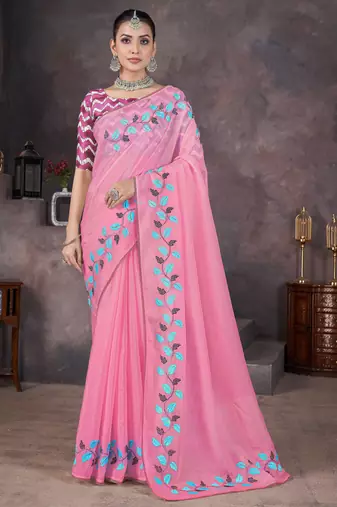pink crush georgette embroidered saree