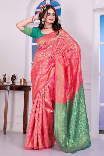 Graceful pink & rama green banarasi silk embroidered indian wedding saree