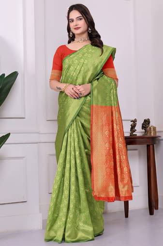 Charming green & red banarasi silk embroidered indian party wear saree