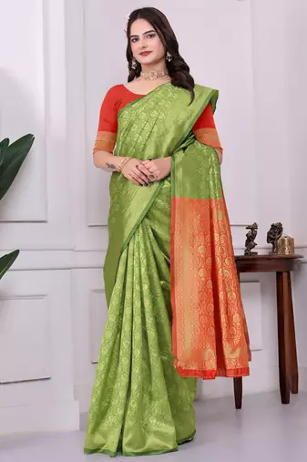 green red banarasi silk blend embroidered indian party wear saree