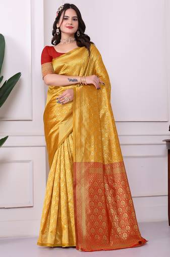 Colorful mustard yellow & red banarasi silk embroidered indian designer saree