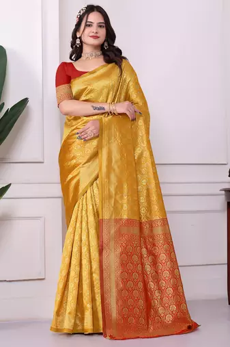 mustard yellow red banarasi silk blend embroidered saree