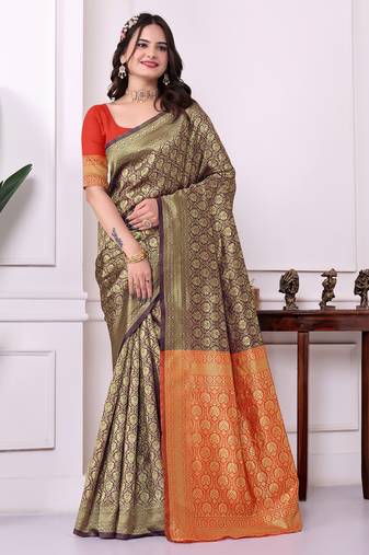 Comely purple & red banarasi silk embroidered indian bollywood saree