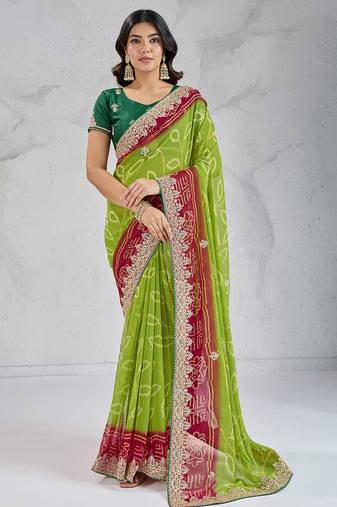 parrot-green georgette embroidered indian wedding saree