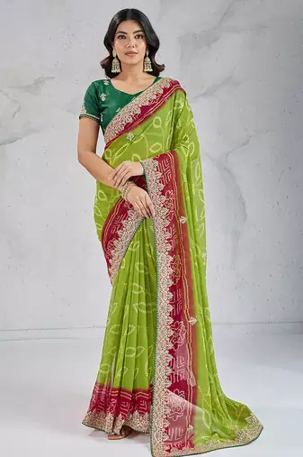 parrot-green georgette embroidered indian wedding saree