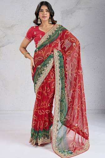 Appealing red georgette embroidered indian party wear saree