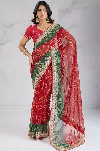 red georgette embroidered indian party wear saree