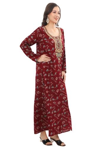Floral printed A-line Jalabiya with Golden and multicolor threadwork 