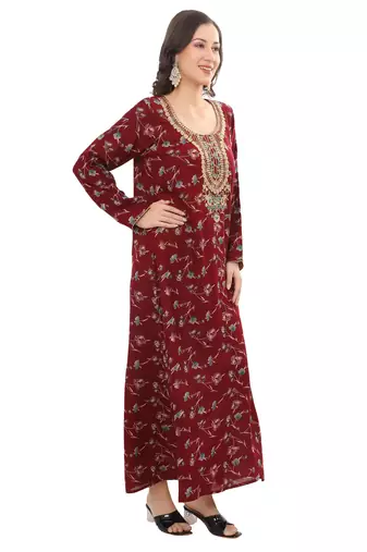 Floral printed A-line Jalabiya with Golden and multicolor threadwork 